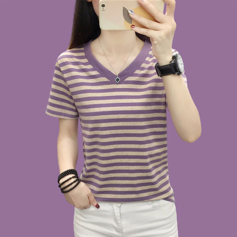 女士棉质V领短袖T恤女夏装新款时尚洋气条纹小衫宽松显瘦半袖上衣