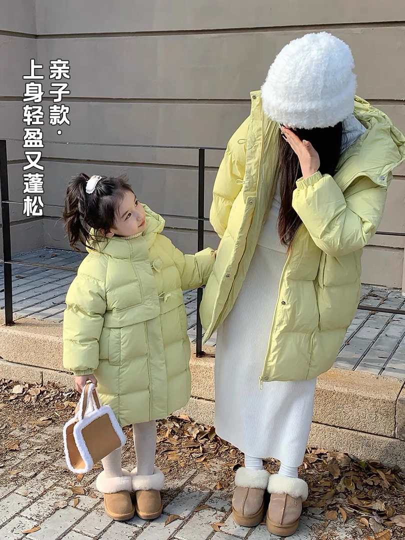 二宝家新款女童中长款保暖羽绒服外套三防连帽冬装加厚中大童潮款