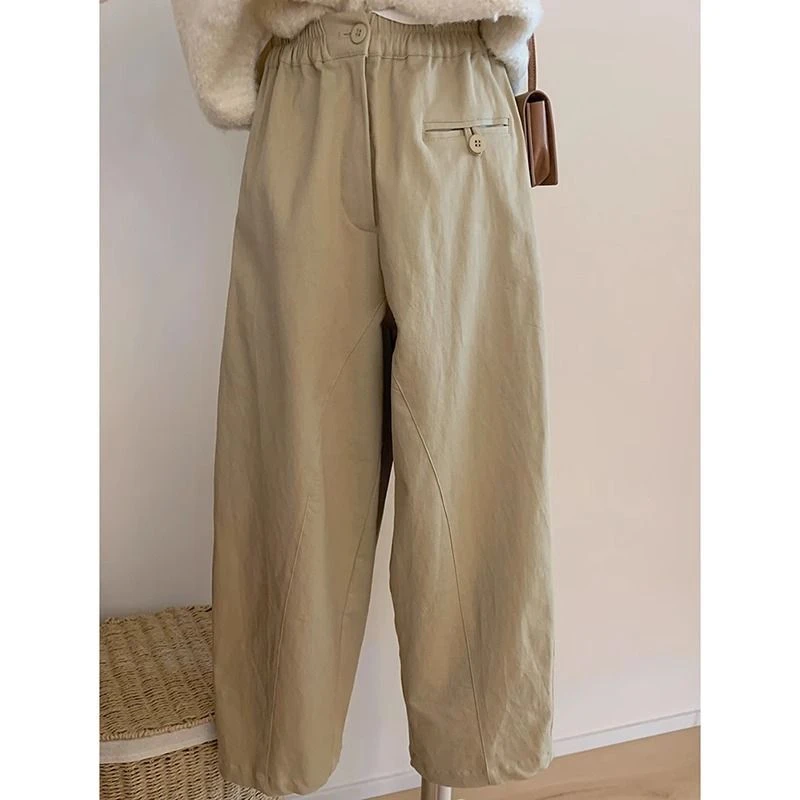 卡其色洋气时尚工装裤子女2025春夏新款小个子松紧腰百搭休闲长裤