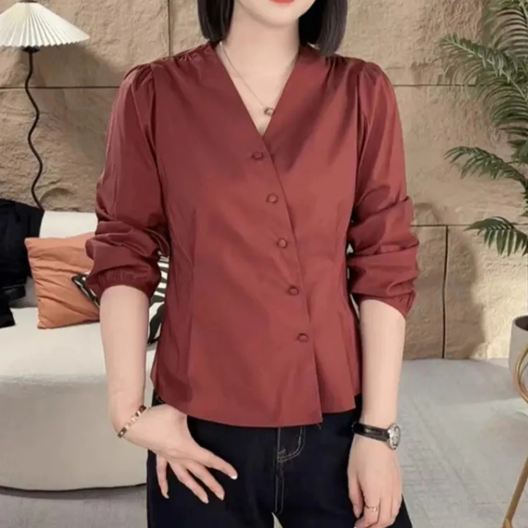 早秋新款V领设计感纯色长袖小衫W时尚百搭显瘦收腰气质衬衫上衣女
