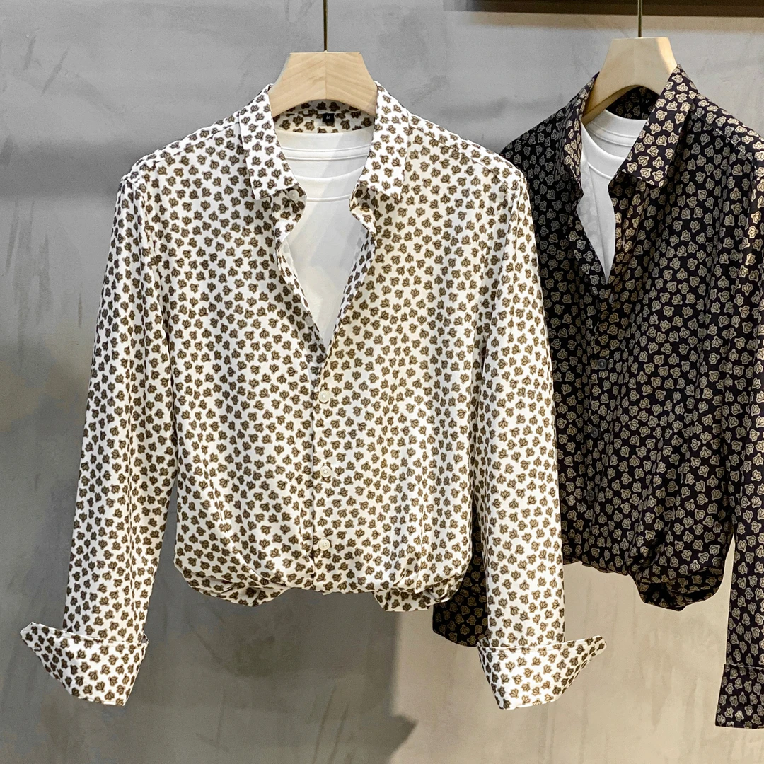 春秋季新款高级感花衬衫男长袖冰丝休闲免烫男装上衣碎花衬衣潮