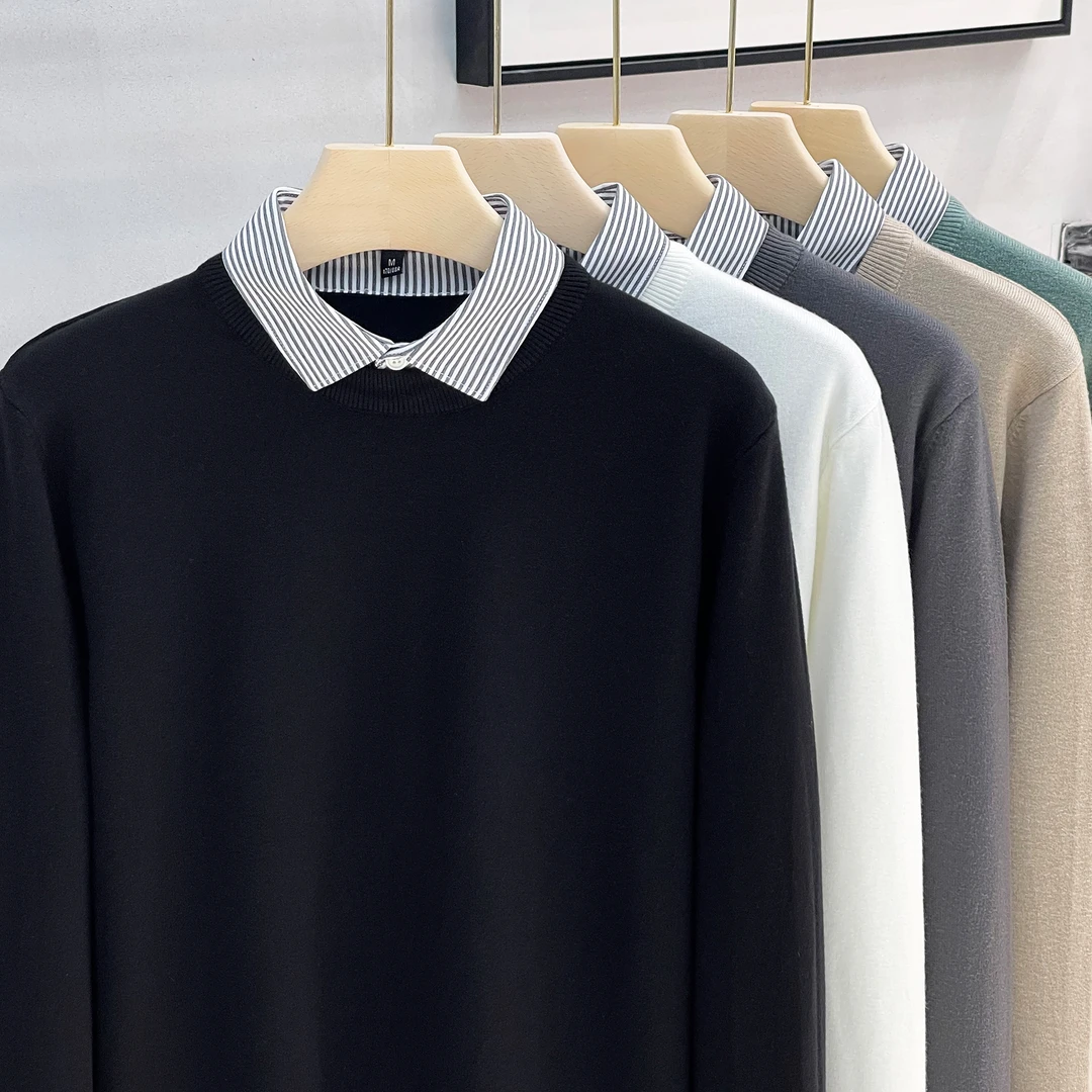 抗起球假两件毛衣男衬衫领商务休闲24春秋季新款高档男针织衫上衣