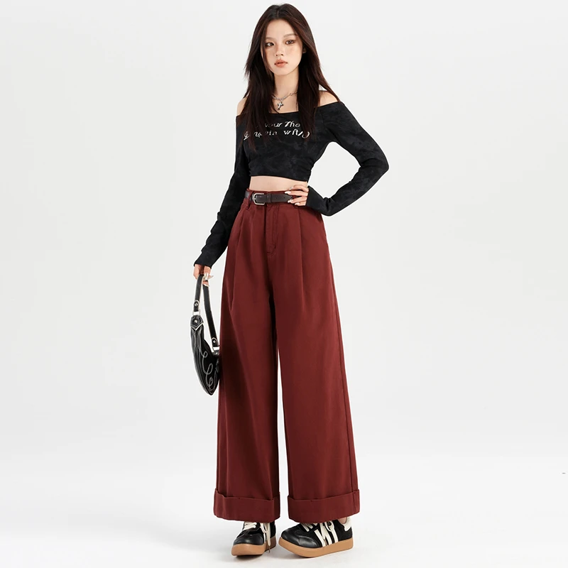 法式直筒染色2024秋季新款安哥拉红牛仔裤女高腰显瘦阔腿牛仔时尚