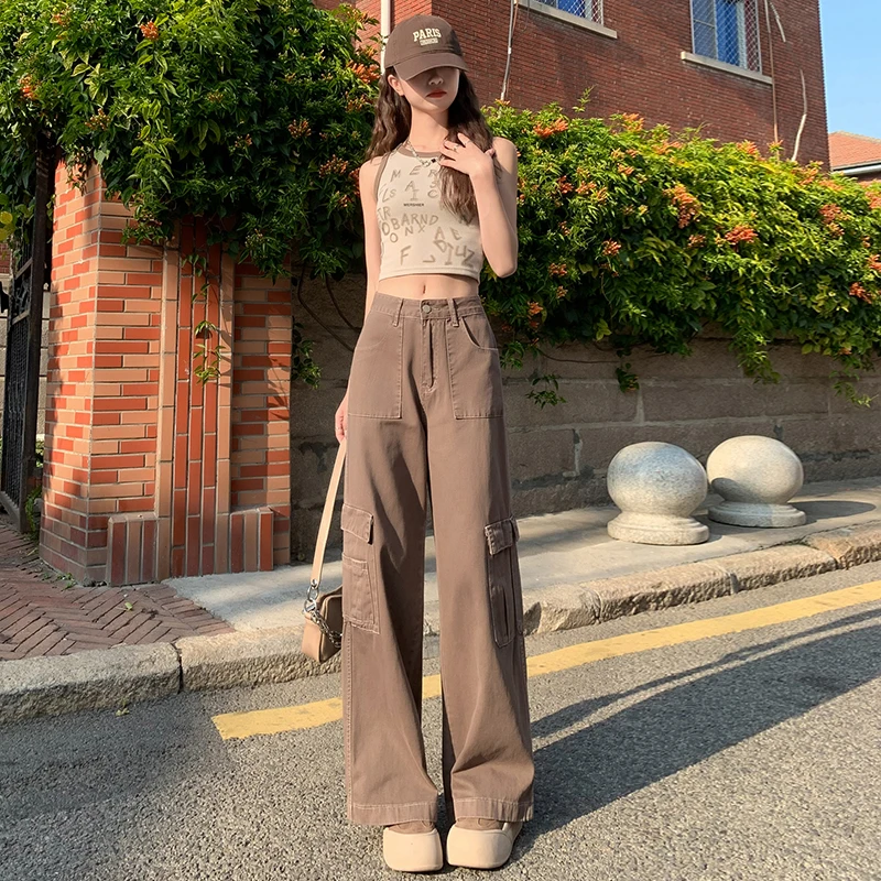 美式高街  工装牛仔裤女2024年夏季新款小众高腰宽松显瘦裤子