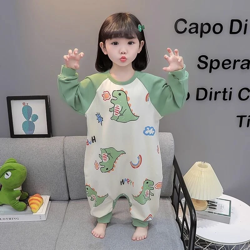 女童纯棉连体睡衣春秋新款长袖宝宝爬行服中小童防踢防着凉家居服