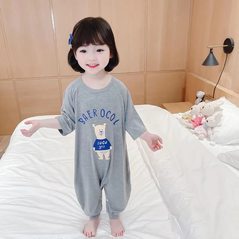 儿童连体睡衣夏季宝宝连身防踢睡袋可爱男女童短袖家居服