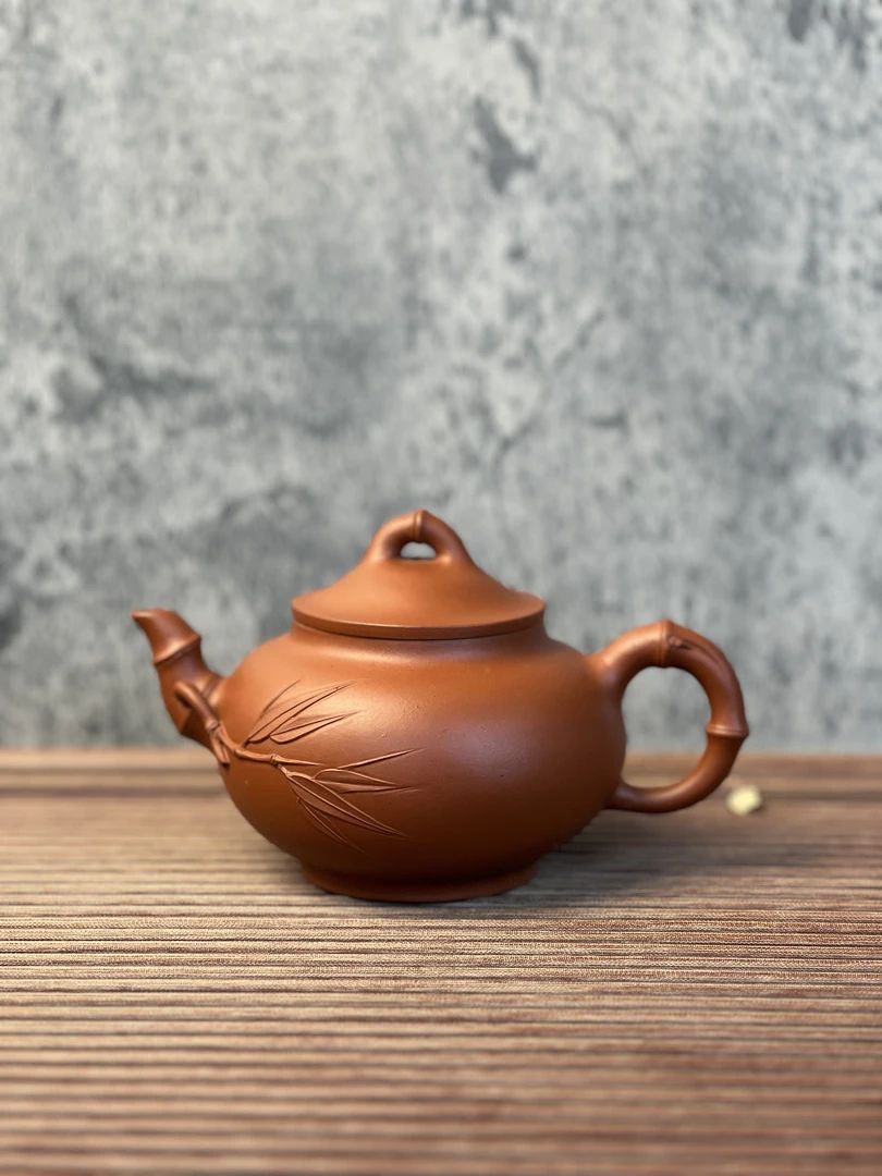 宜兴紫砂壶 八十年代紫砂一厂老红泥 竹福壶 周宁华 全手工