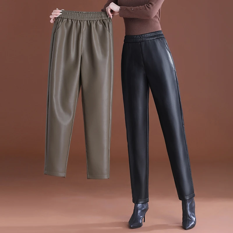 皮裤女2025新款秋款大码高腰休闲宽松小脚哈伦裤黑色pu皮萝卜裤子