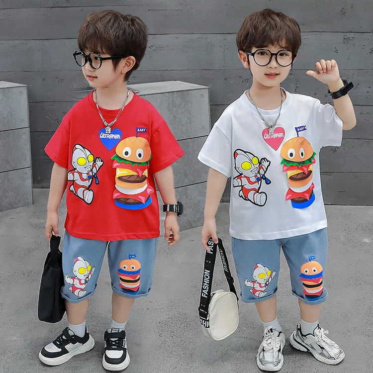 男童夏季时尚洋气牛仔帅气卡通潮酷汉堡中小童薄款奥特曼套装
