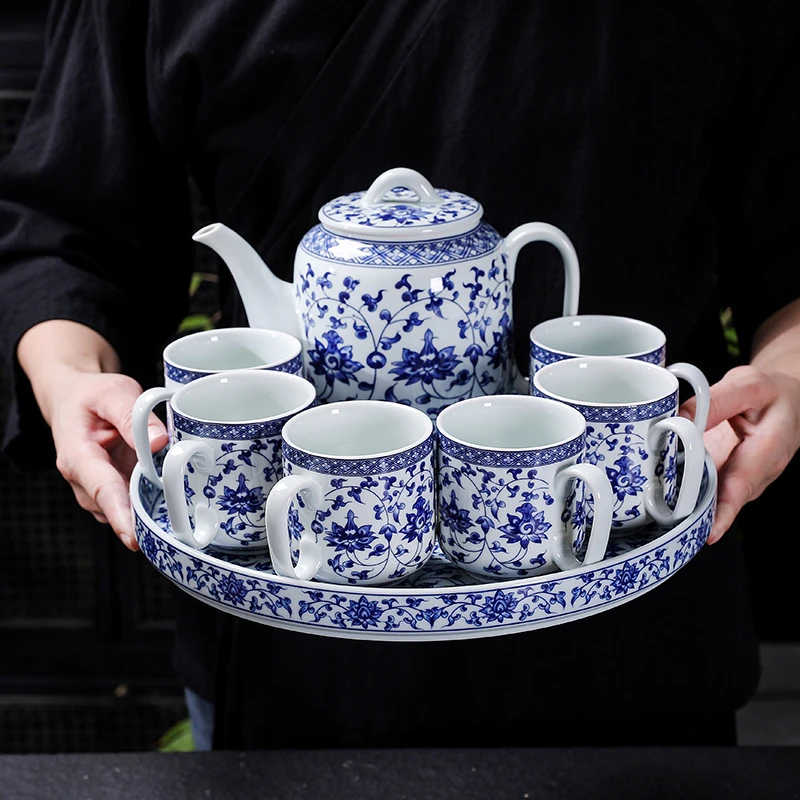 复古景德镇青花茶具套装大容量简约陶瓷家用茶壶中式防烫带把茶杯