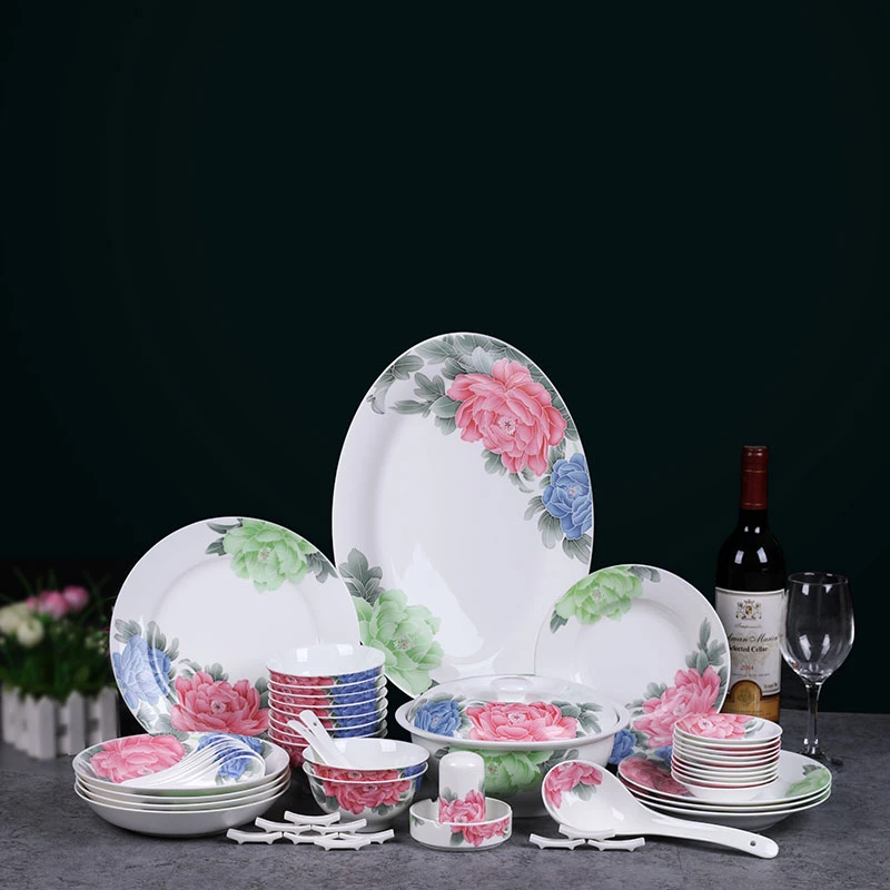 釉下彩餐具54件套装简约高温陶瓷碗家用中式新款高颜值皮盒包装