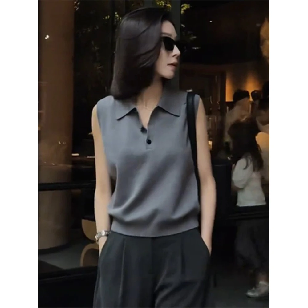 简约休闲百搭无袖针织衫背心女2024春夏新款内搭外穿翻领马甲上衣