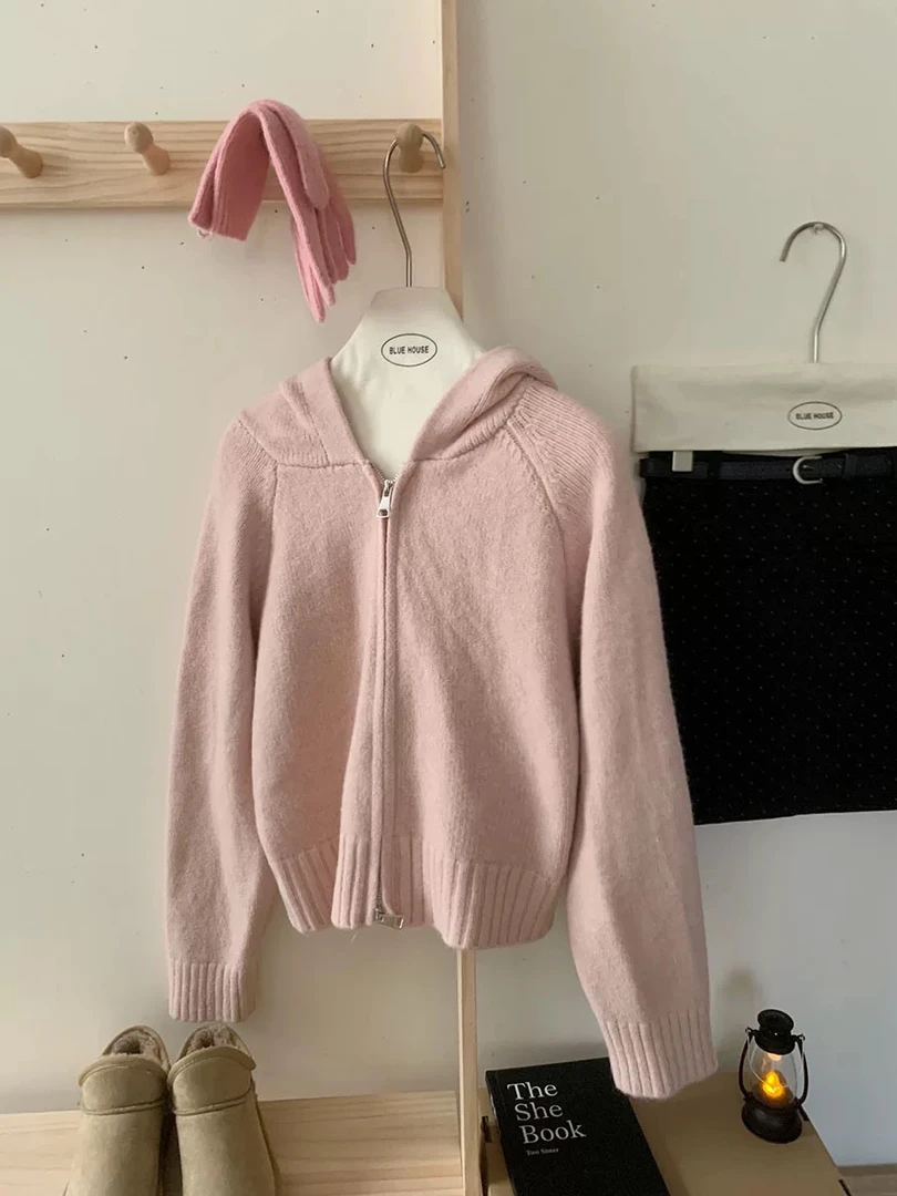 秋冬百搭插件连帽双开拉链毛衣开衫