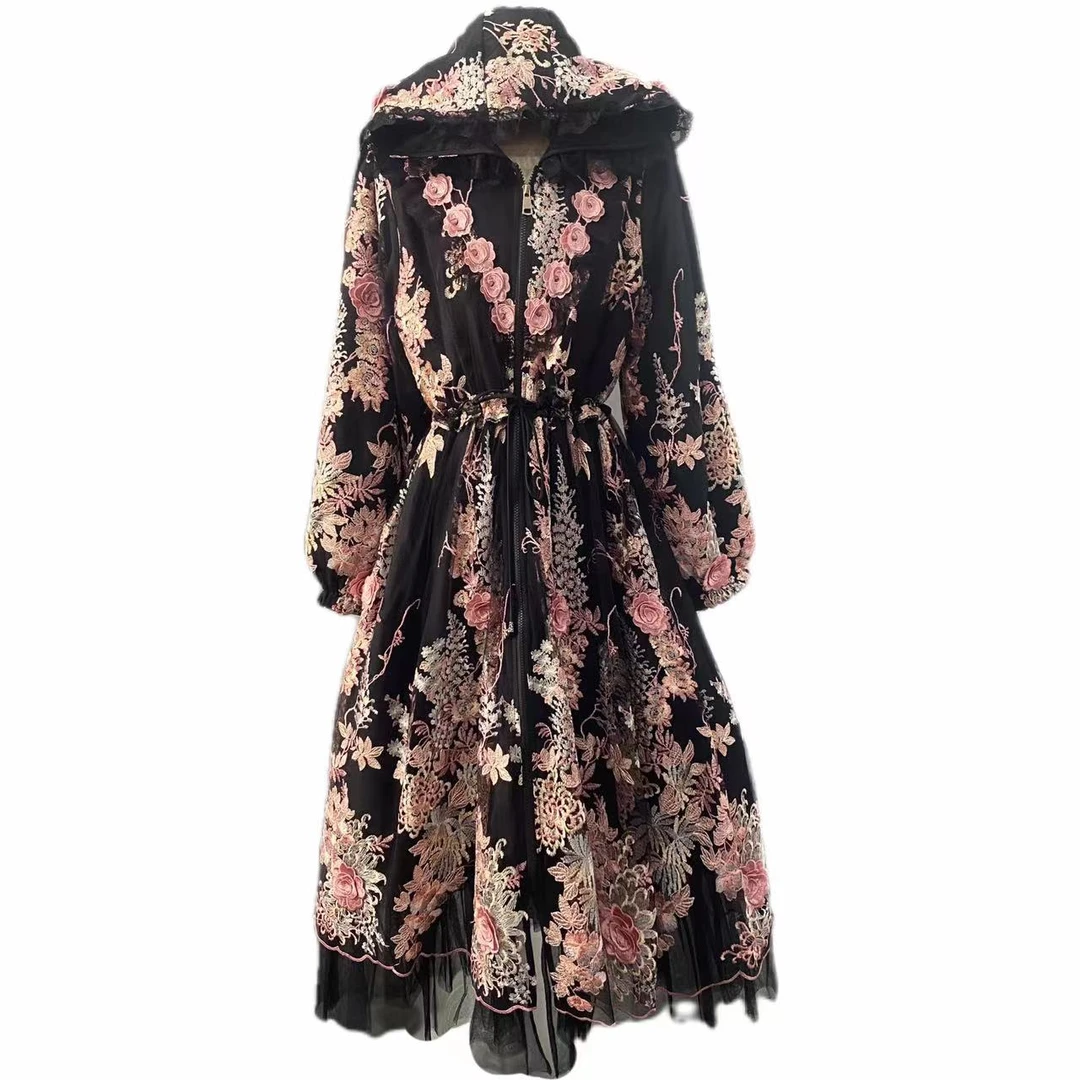 2024【凤尾花】刺绣长袖连帽显瘦抽绳有口袋冬装棉服外套89379