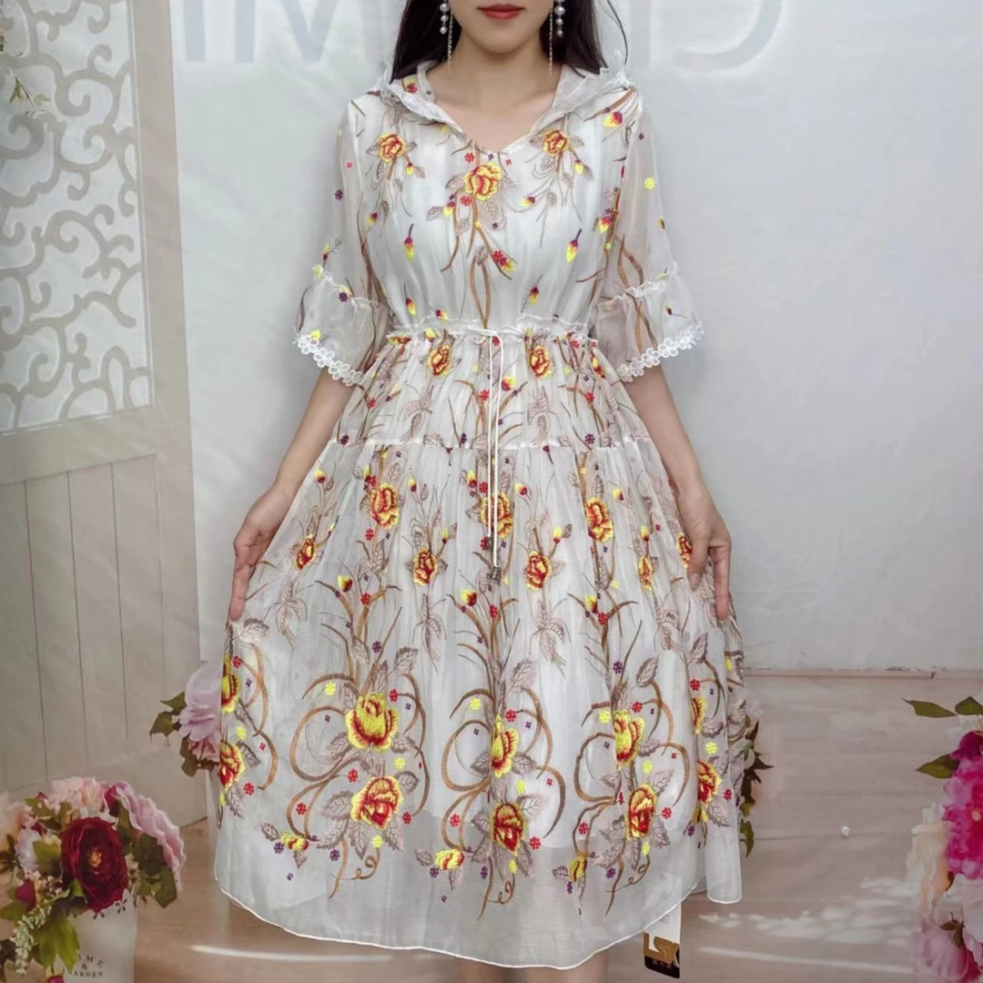 2025款夏季【金钱花】锦丝皱抽绳收腰显瘦遮肉妈妈大码连衣裙8923