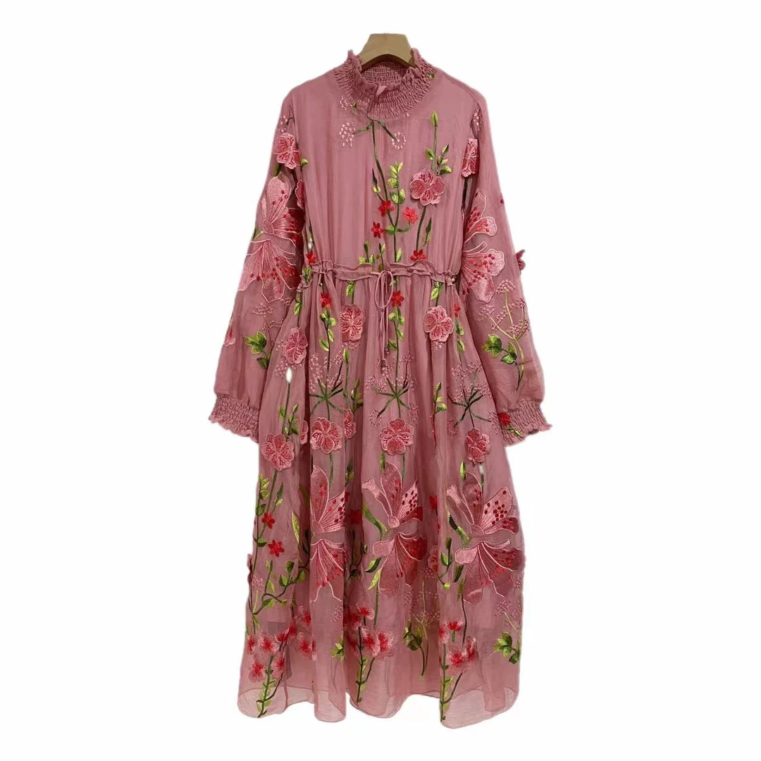 【高领百合花】2025镇店之宝春夏飘花刺绣大码女装连衣裙8131