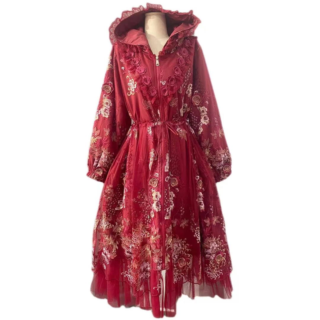 【凤尾花】刺绣长袖连帽显瘦抽绳有口袋冬装棉服外套89379