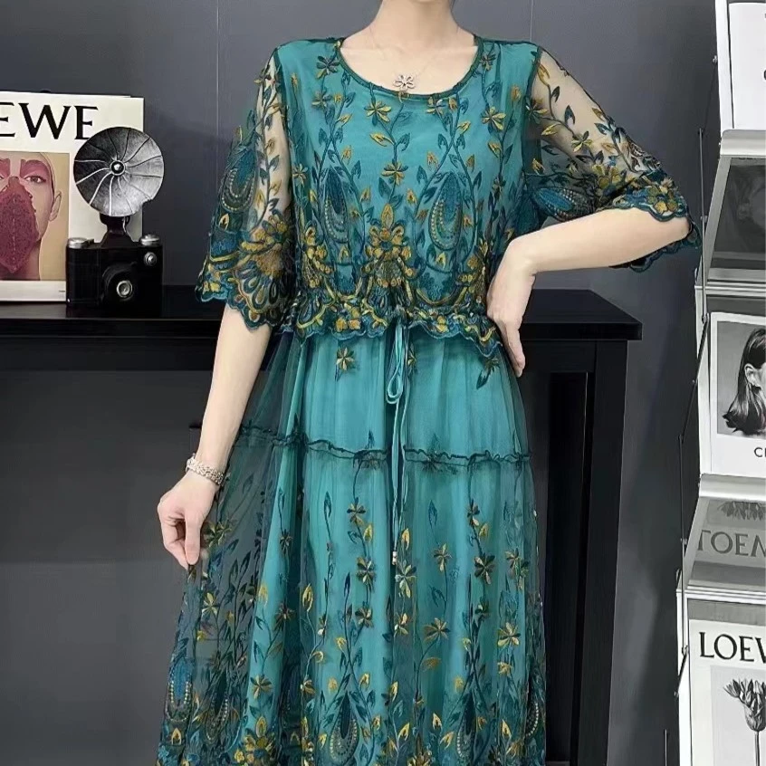【孔雀开屏】巴黎网纱刺绣抽绳显瘦大码连衣裙19