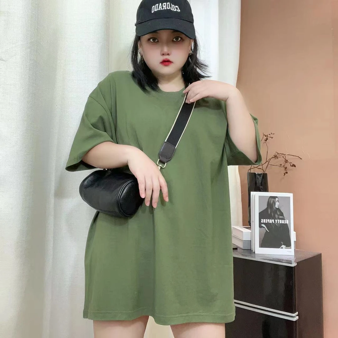 夏季100%重磅纯棉美式韩版大码2-300斤宽松胖mm百搭半袖T恤套头衫