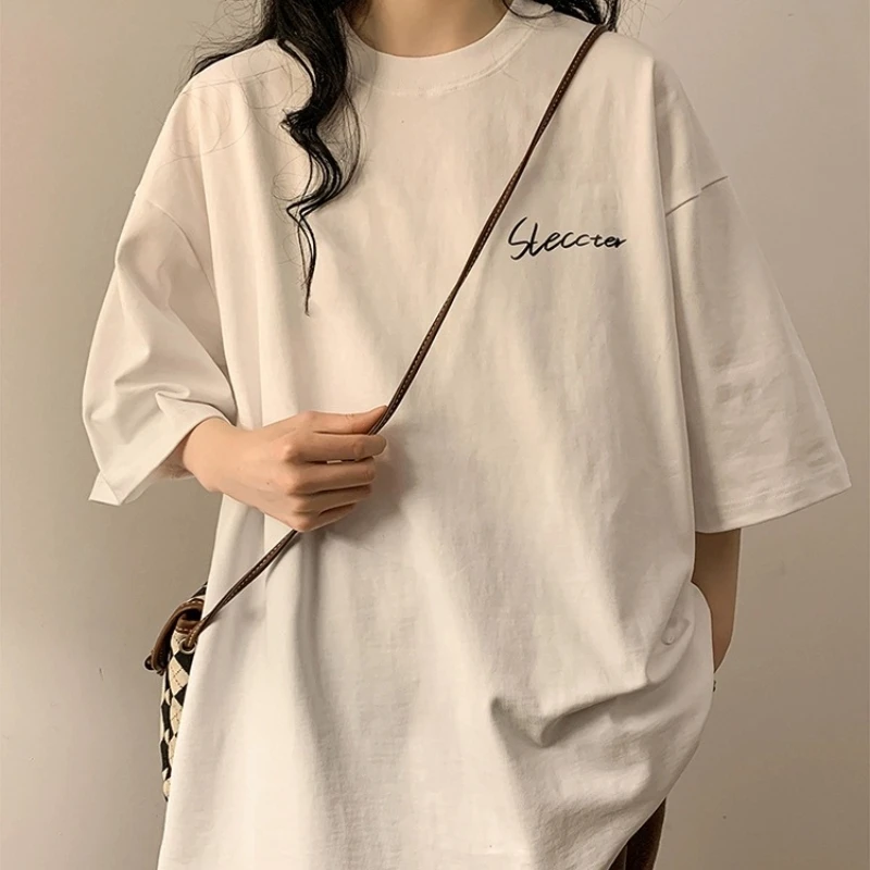 100%重磅纯棉简约字母印花半袖t恤大码2-300斤加肥加大圆领上衣女