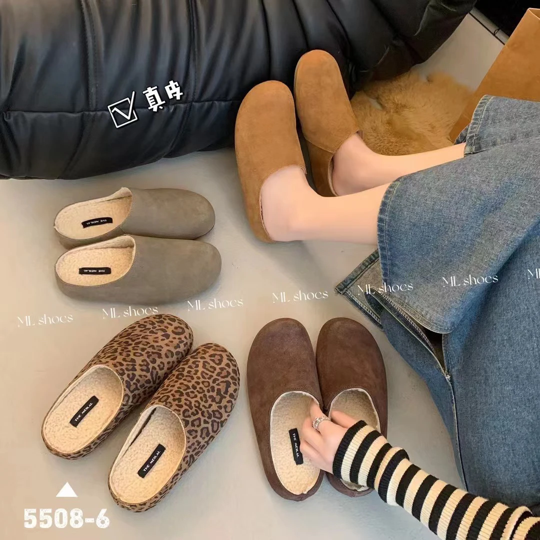 厚底包头半拖鞋女鞋子外穿2024年新款秋冬季加绒半托一脚蹬勃肯鞋