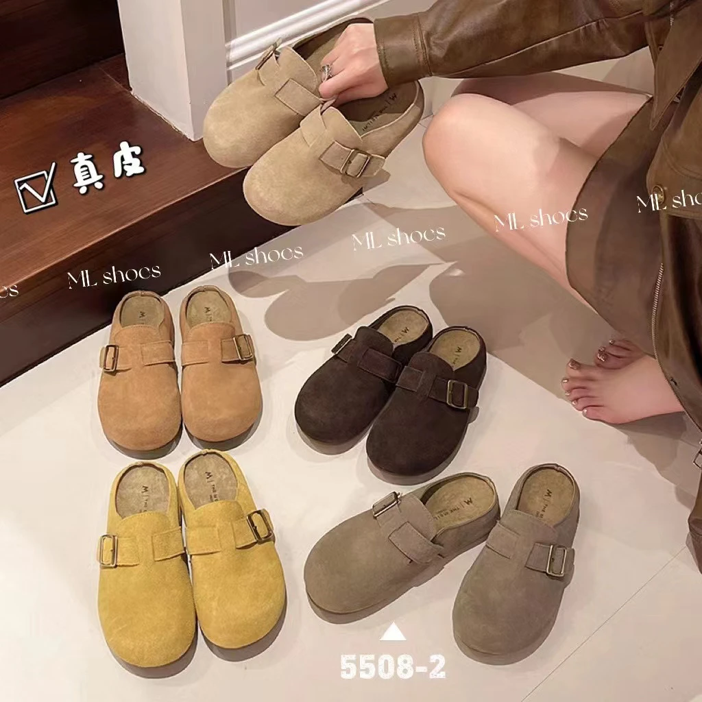 皮带扣磨砂时尚包头半拖鞋2024年韩版后空单鞋平底个性勃肯凉拖鞋