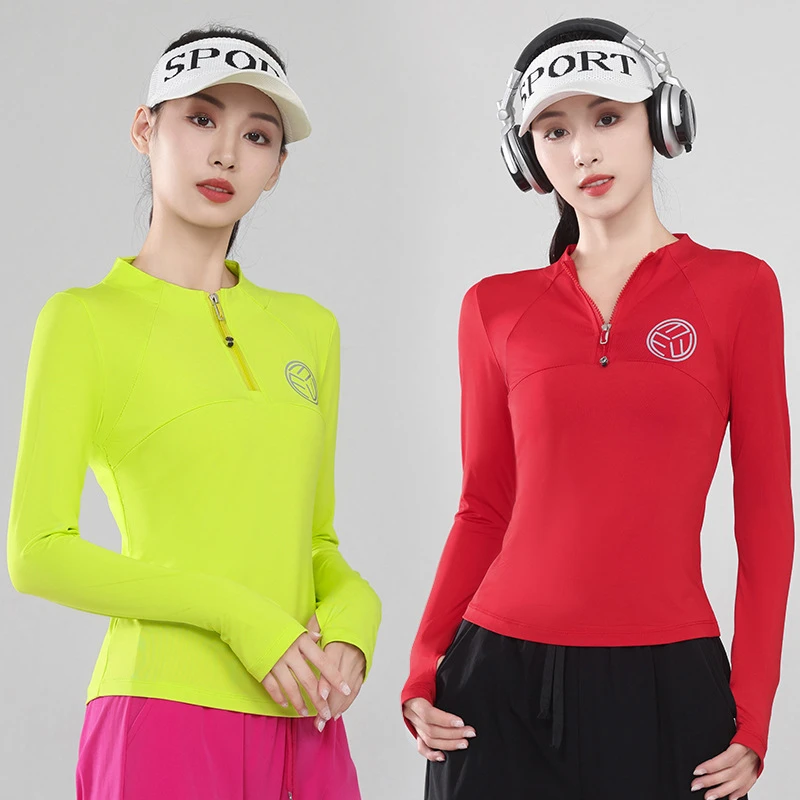 春秋新款时尚速干半拉链长袖女广场舞运动户外跑步跳操健身衣QGG