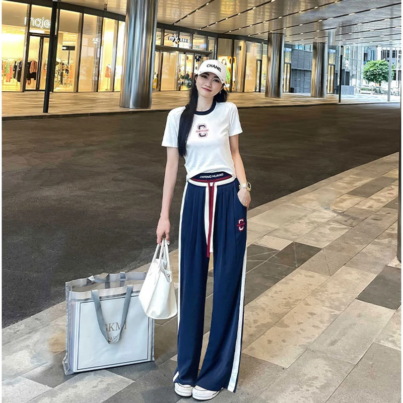 广场舞休闲时尚服装曳步舞运动服装时尚刺绣短袖宽松双抽绳长裤女