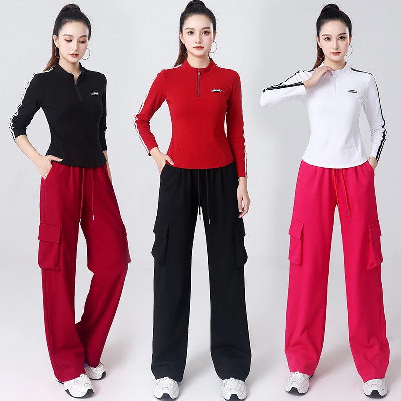 春秋季新款广场舞时尚百搭显瘦直筒工装裤运动健身跳操休闲长裤XH