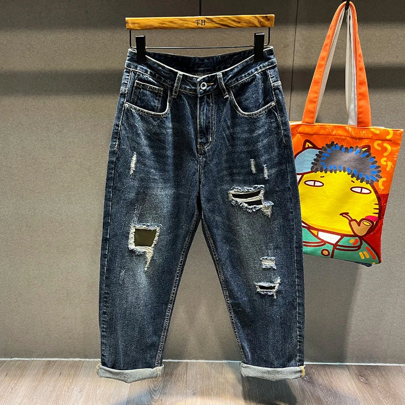 秋冬美式高街阔腿破洞牛仔裤男潮牌直筒宽松大码胖子oversize裤子