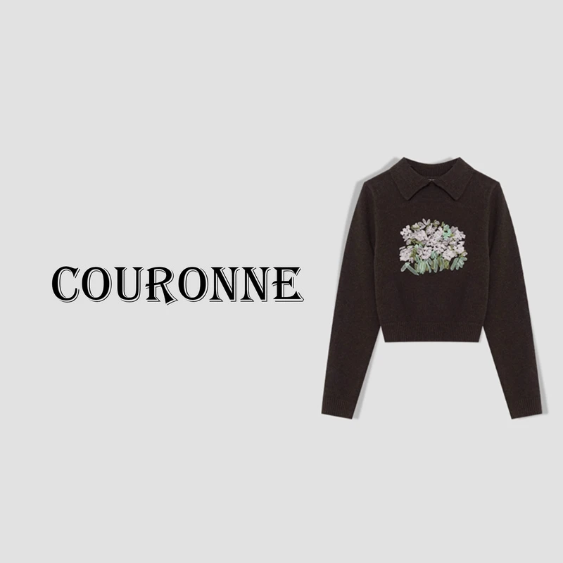 【小熊】-2024冬季气质减龄显瘦百搭休闲花朵刺绣翻领针织毛衣30646