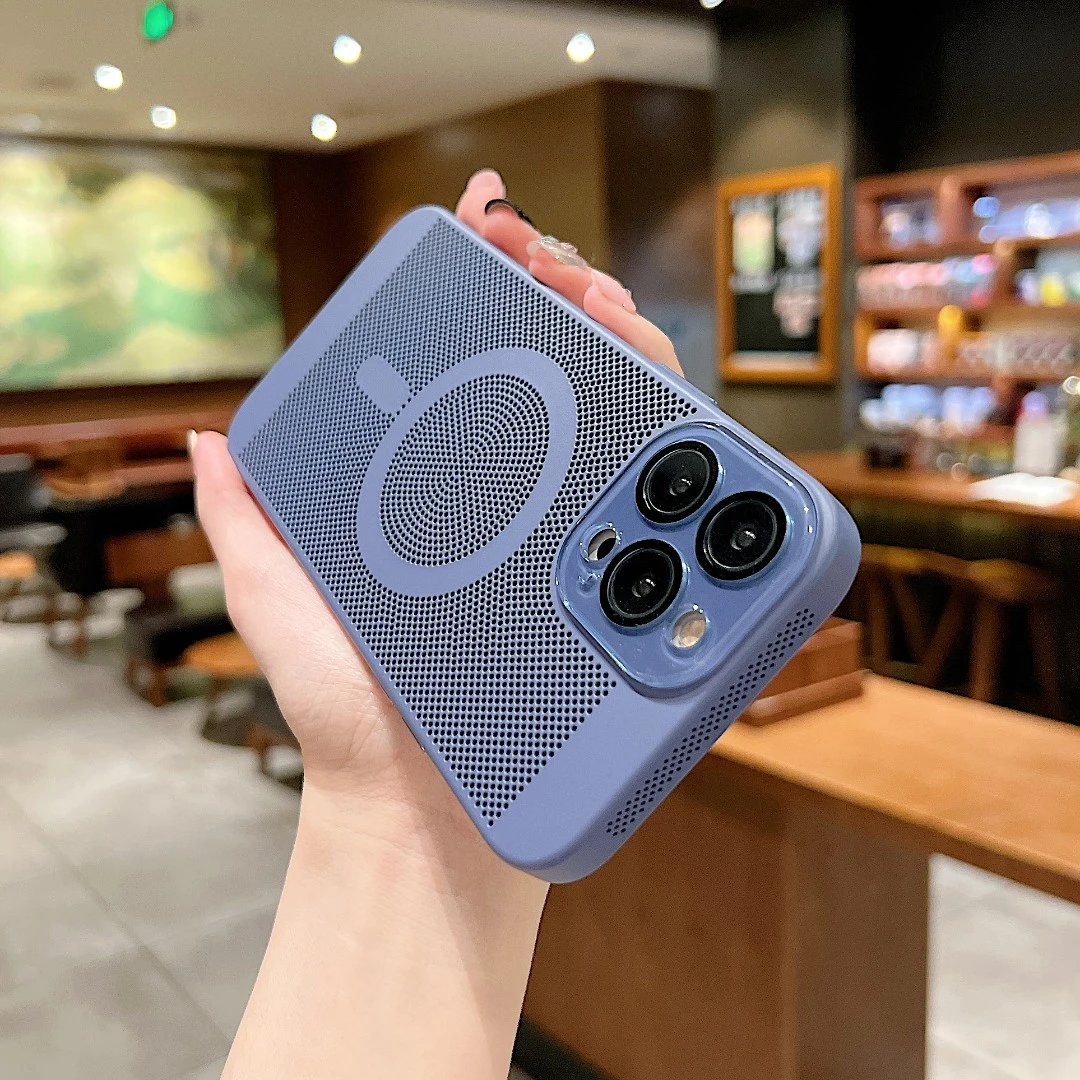 自带水晶镜头膜散热磁吸壳适用iPhone14Promax透气苹果13手机壳硬