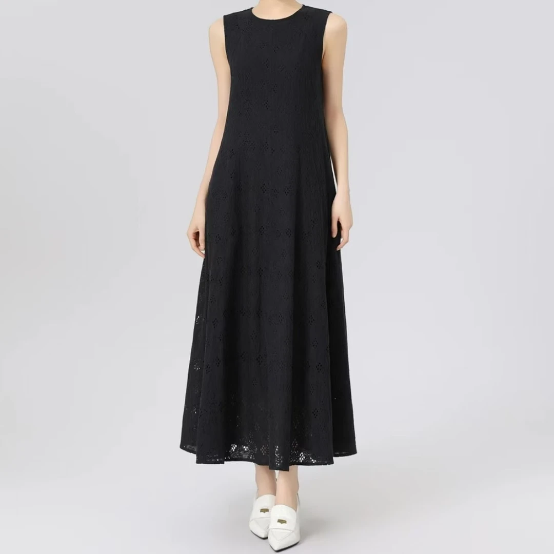 AMASS/阿玛施夏日高级感小黑裙气质圆领蕾丝镂空连衣裙5500525