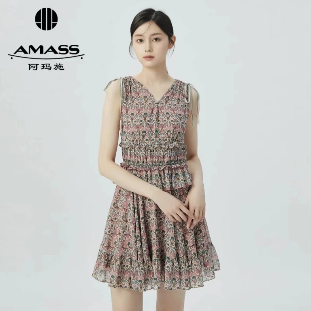 阿玛施AMASS新款女装显瘦复古浪漫短裙碎花无袖洋装连衣裙5500481