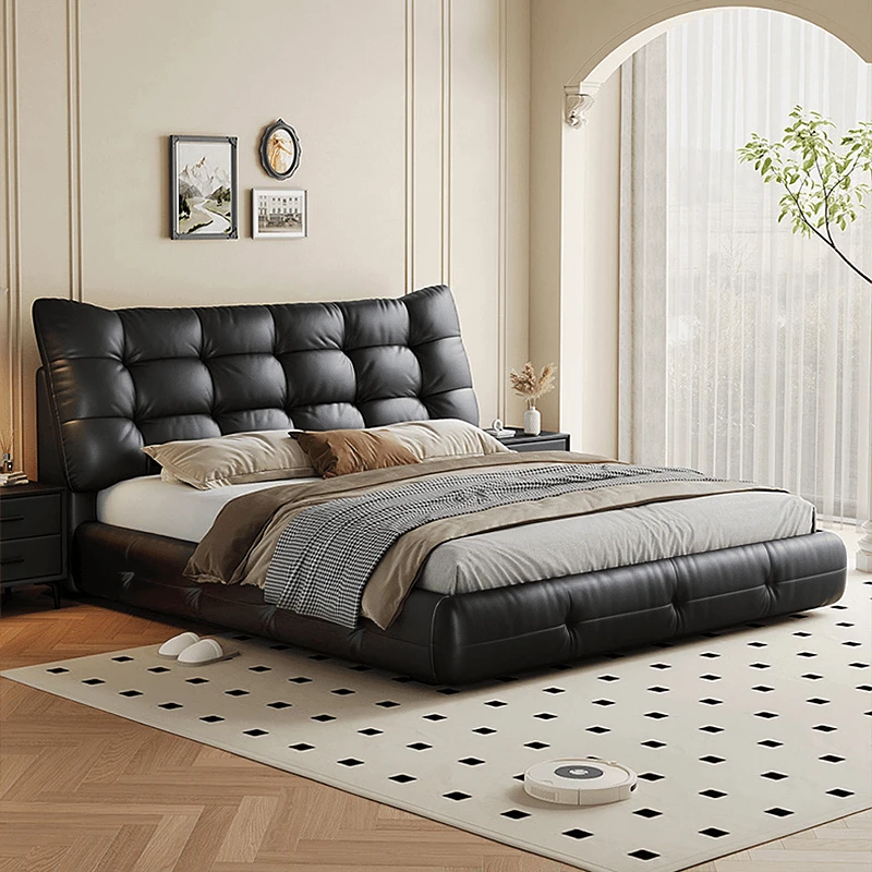 意式极简头层牛皮床轻奢现代简约主卧室大黑熊1.8m床双人软包婚床