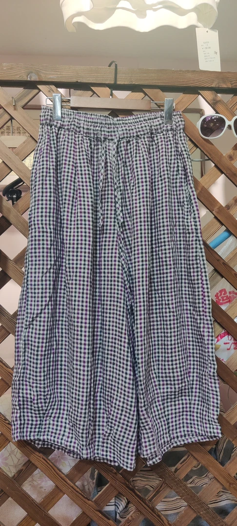 夏荷简麻夏秋上新亚麻格子阔腿裤(均码裤长80，穿到140斤)