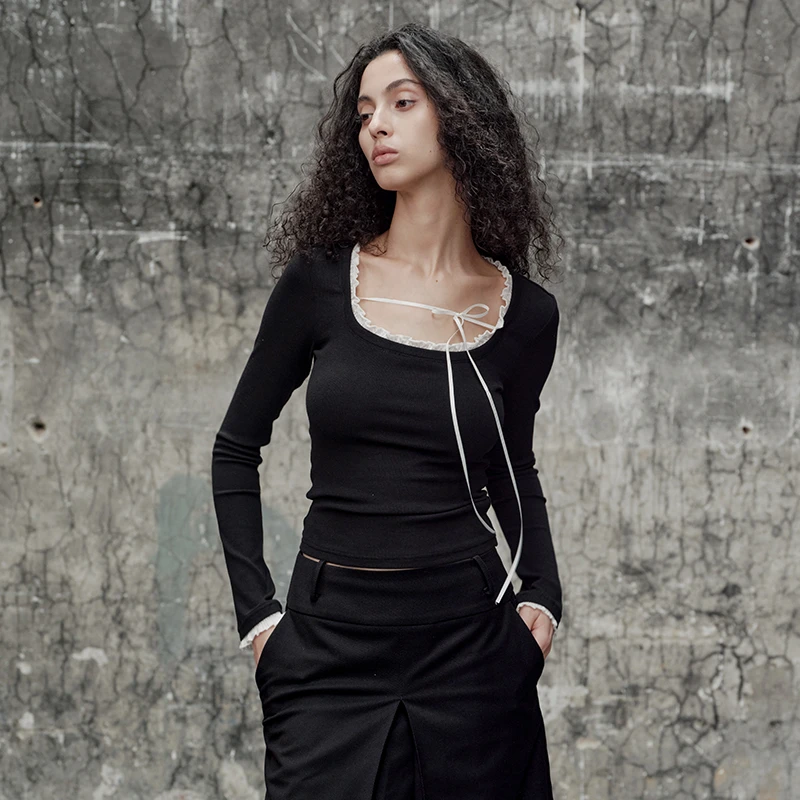 ANTIFORM背构【9/19 20:00新品】U领花边系带打底衫秋冬显瘦长T