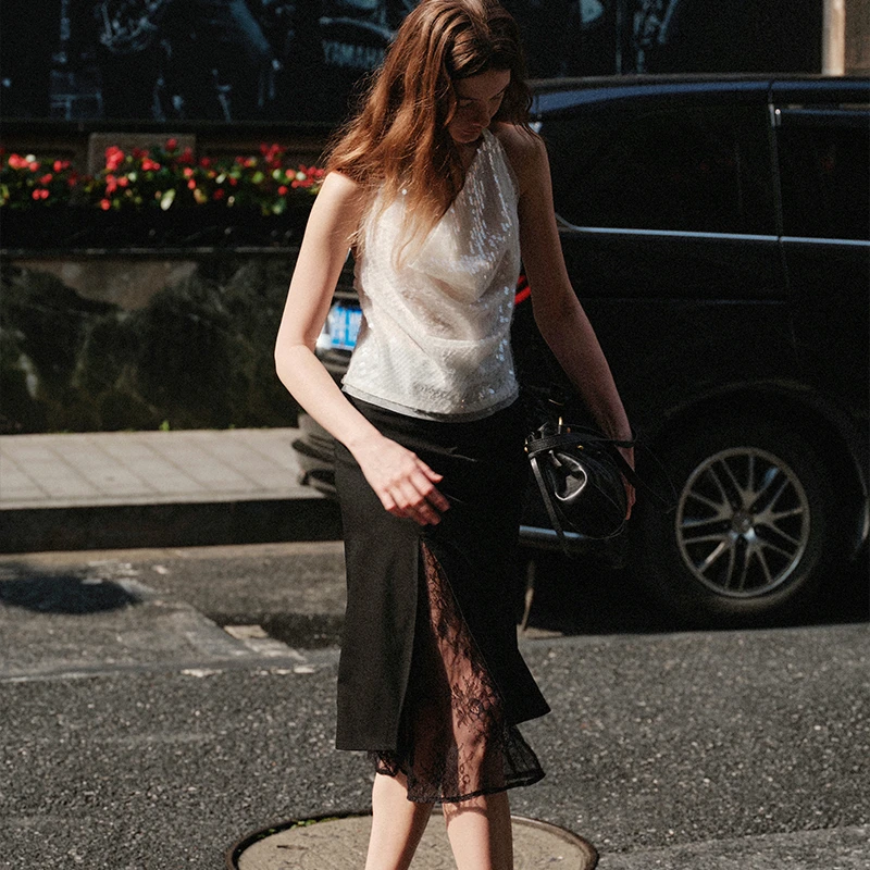 ANTIFORM高品质西装面料侧开叉蕾丝鱼尾开叉半裙女夏季性感西装裙
