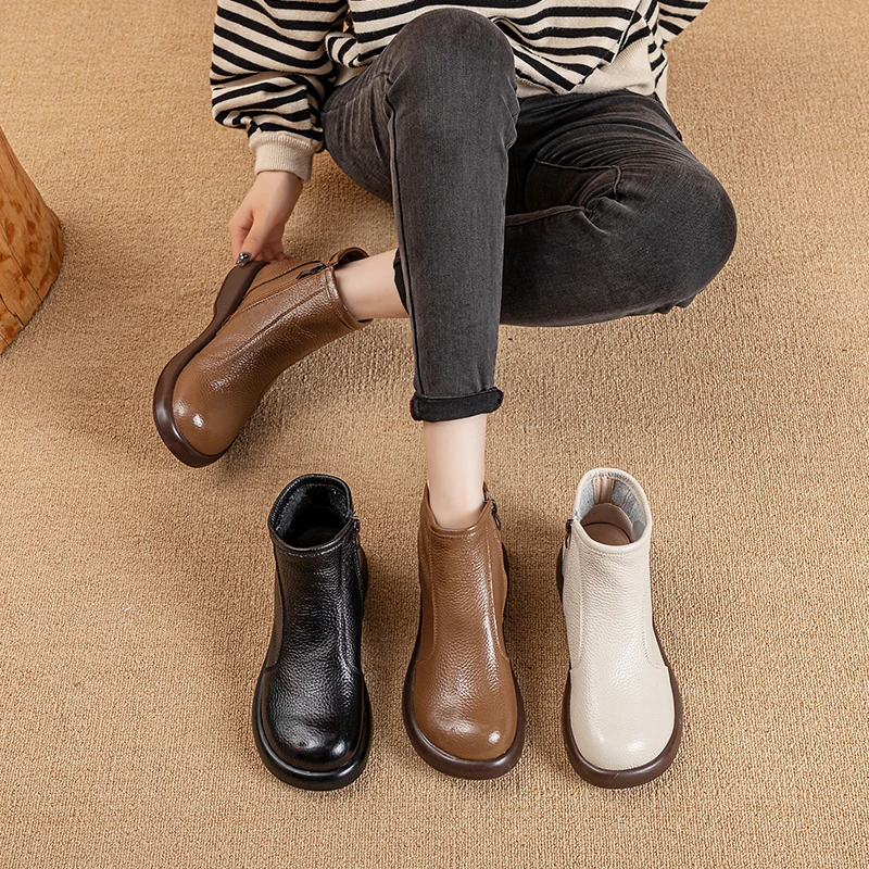 头层牛皮真皮中年软底妈妈鞋棉鞋厚底短靴子马丁靴皮鞋女鞋秋冬季
