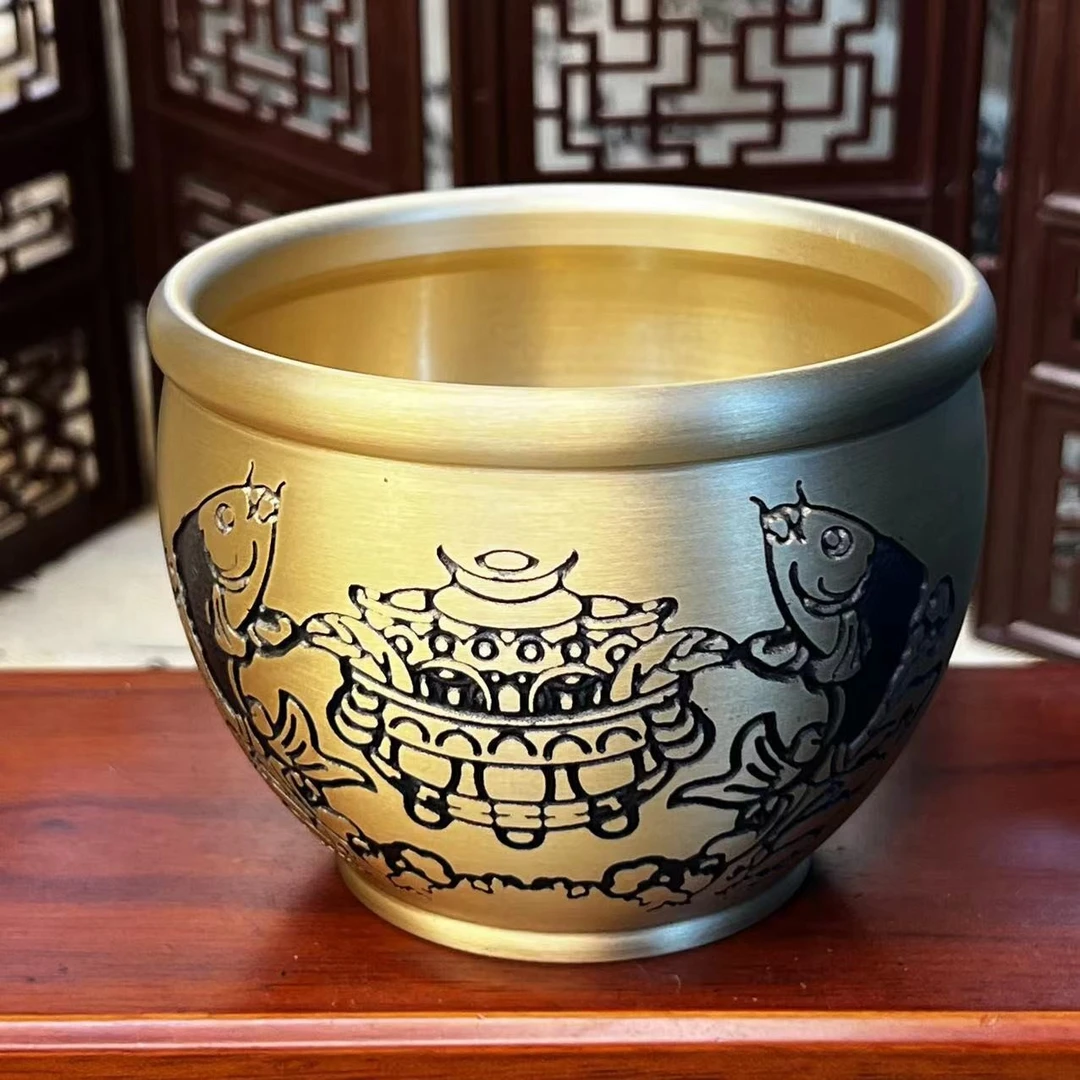黄铜米缸大缸双鱼莲花招才进宝缸办公室桌面精品装饰商务高档摆件