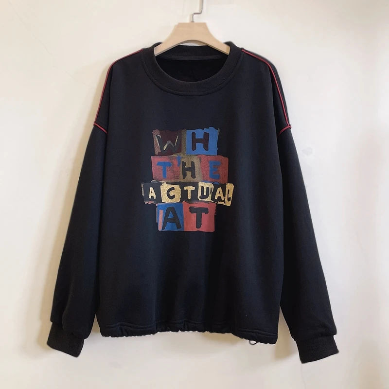 加绒卫衣长袖时尚休闲百搭黑色宽松女士潮流2024秋冬新款YX104547