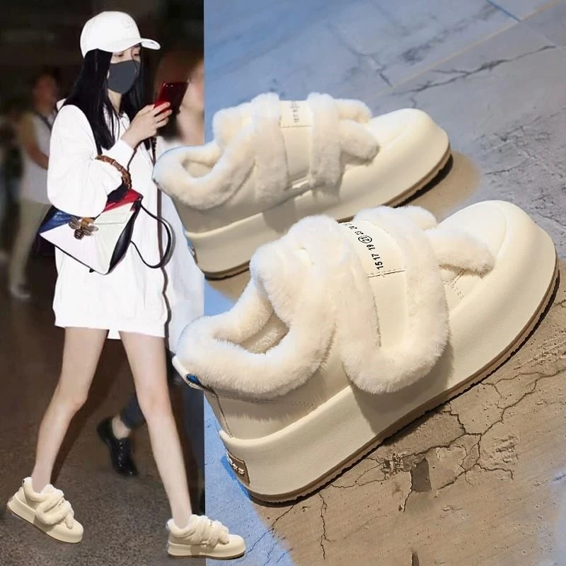 棉鞋女冬加绒2024新款厚底松糕魔术贴毛毛保暖休闲小白鞋面包板鞋