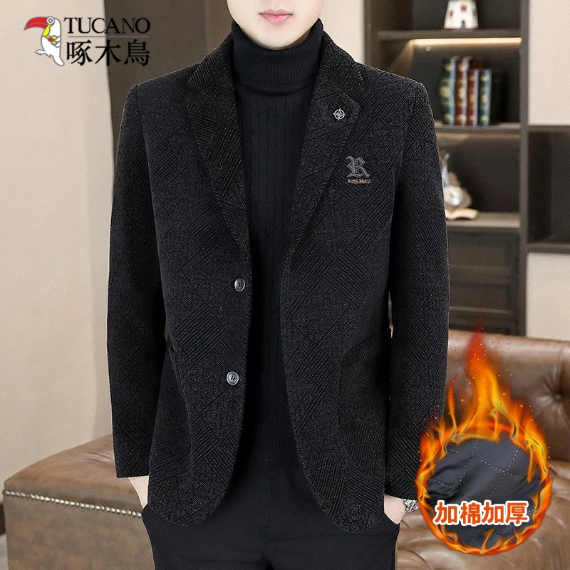TUCANO/啄木鳥男士加棉毛呢西服外套冬季保暖加厚雪尼尔西装上衣
