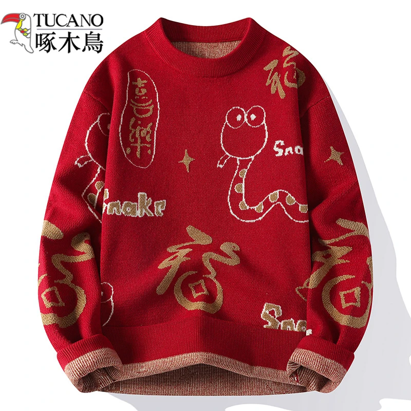 TUCANO/啄木鳥过年红色毛衣男青年本命年圆领提花针织衫内搭线衫