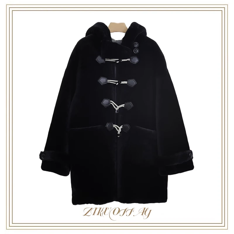 【紫阔】2023冬季女款时尚休闲连帽牛角扣中长款秋冬厚外套5255