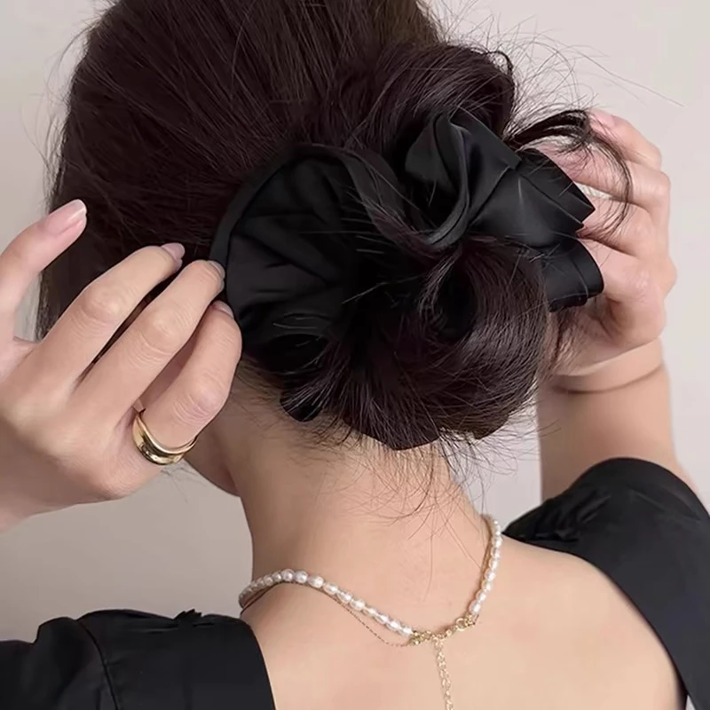 金金自留款法式丝滑质感气质超仙黑色花苞头绳