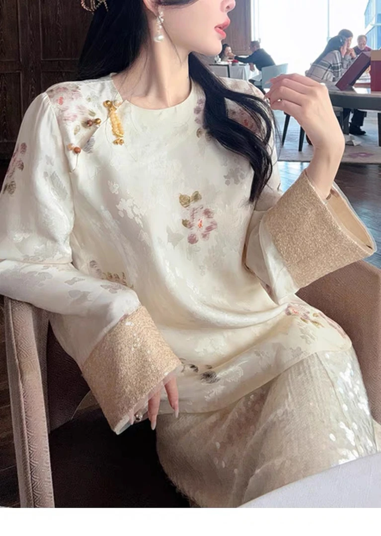 新中式拼接亮片提花圆领衬衫女早秋复古国风气质衬衣绝美别致上衣