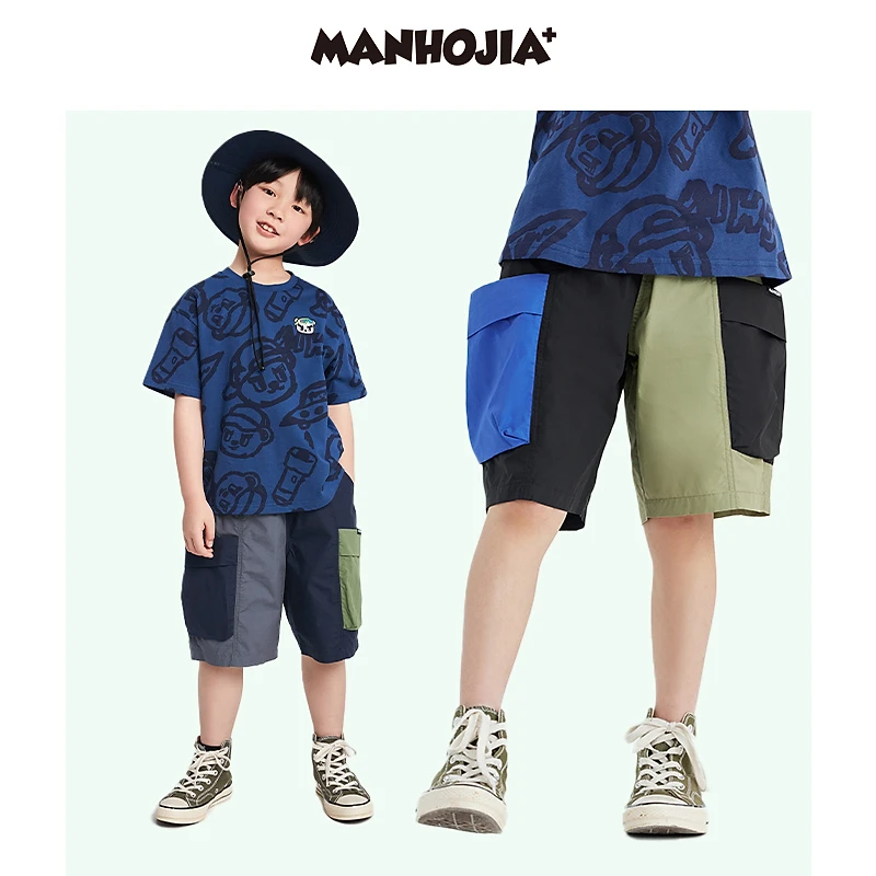 漫画家潮趣童装山系户外工装大口袋不对称拼接全棉小细格中裤短裤