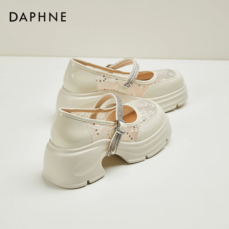 达芙妮女鞋玛丽珍凉鞋2025夏季网纱镂空单鞋粗跟增高松紧带小皮鞋