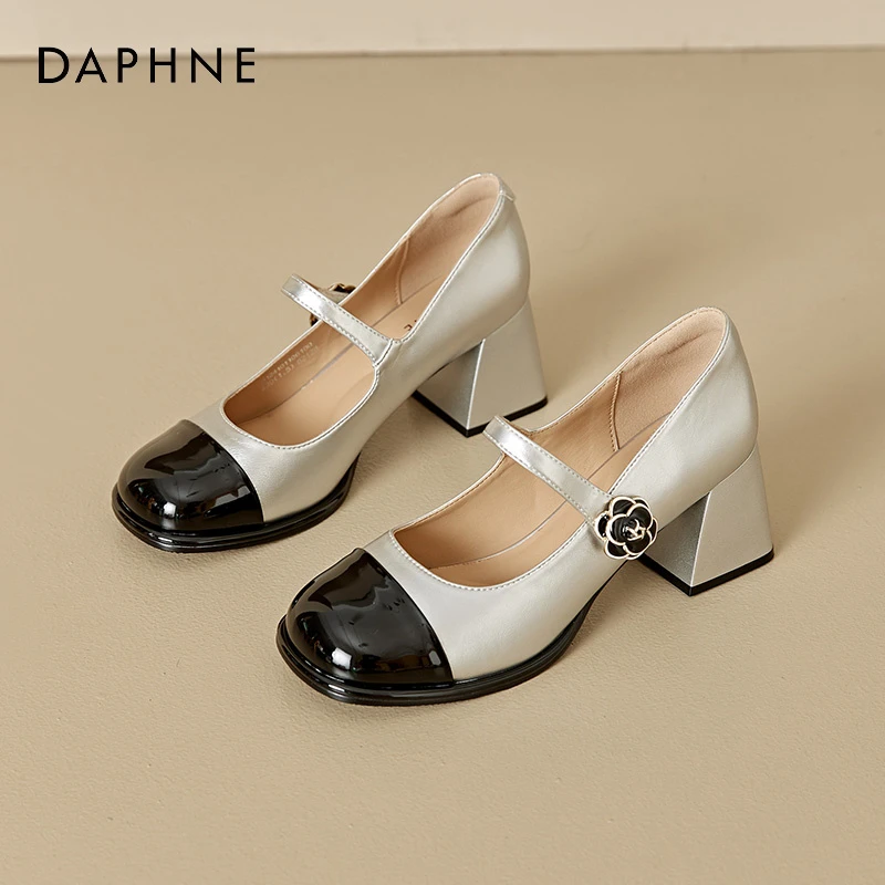 达芙妮银色法式玛丽珍高跟鞋女2025夏季款百搭气质小皮鞋粗跟单鞋
